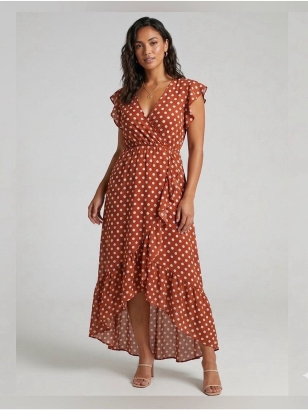 Grecerelle Rust Polka Dot Faux Wrap Long Dress Small
V neck